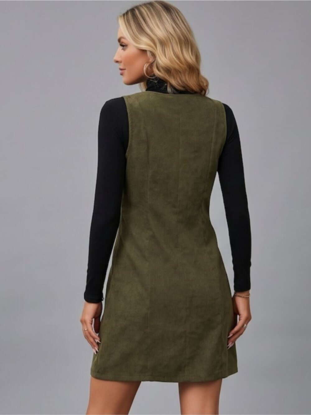Green Corduroy Zip-Front Pinafore Dress – Sleeveless Overall Mini Shift Dress - Picture 4 of 5